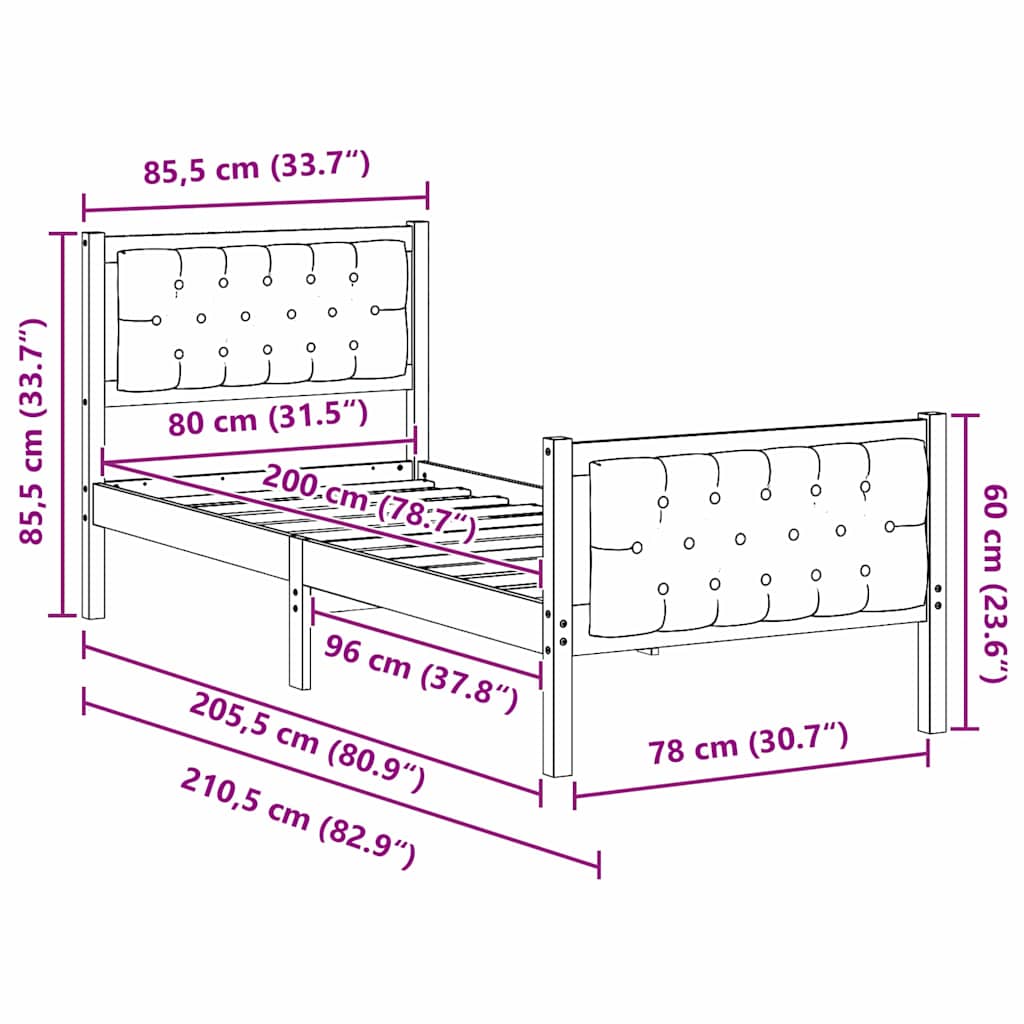 Sengestel med hovedgærde Sort 80 x 200 cm Massiv fyrretræ