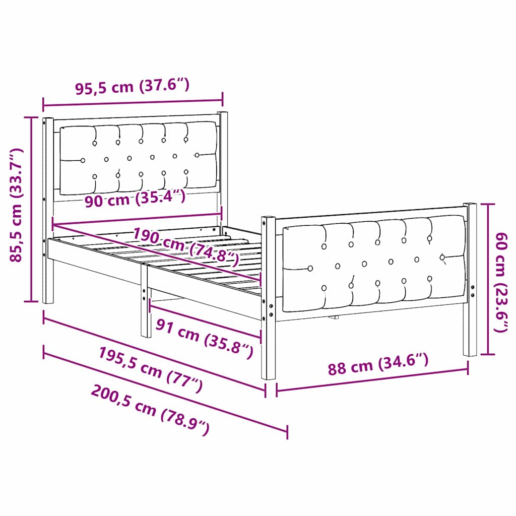 Sengestel med hovedgærde Mørkegrå 90 x 190 cm Massiv fyrretræ