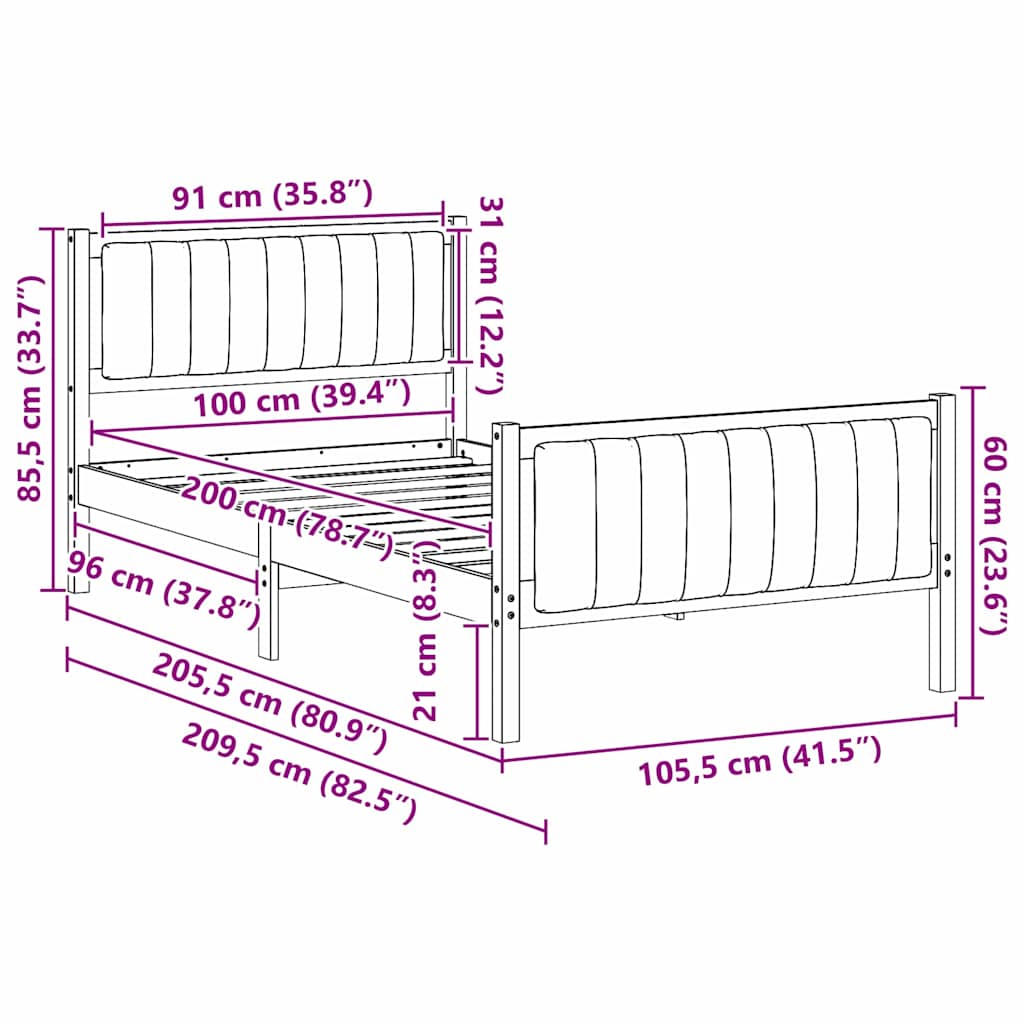 Sengestel Hvid og lys grå 100 x 200 cm Massivt fyrretræ