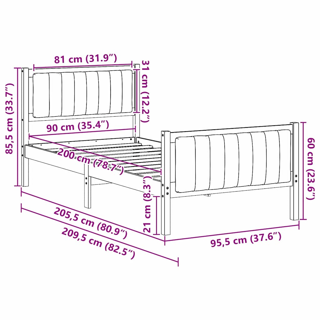 Sengestel Hvid og lys grå 90 x 200 cm Massivt fyrretræ