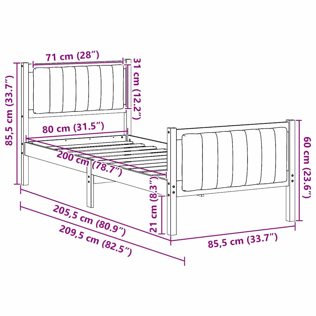 Sengestel Hvid og lys grå 80 x 200 cm Massivt fyrretræ