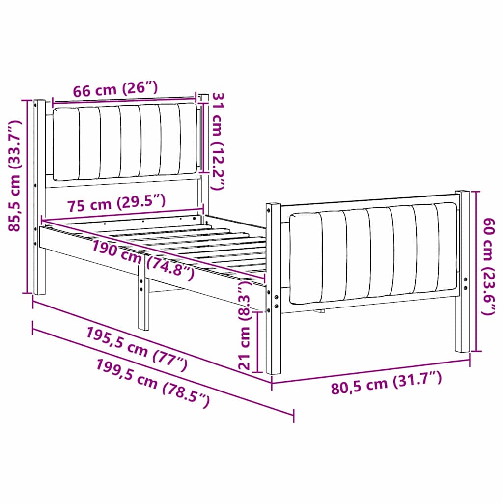Sengestel Brun og sort 75 x 190 cm Massivt fyrretræ