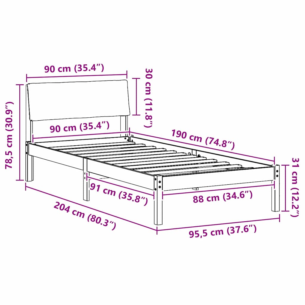 Sengestel brun og mørkegrå 90 x 190 cm Massivt fyrretræ