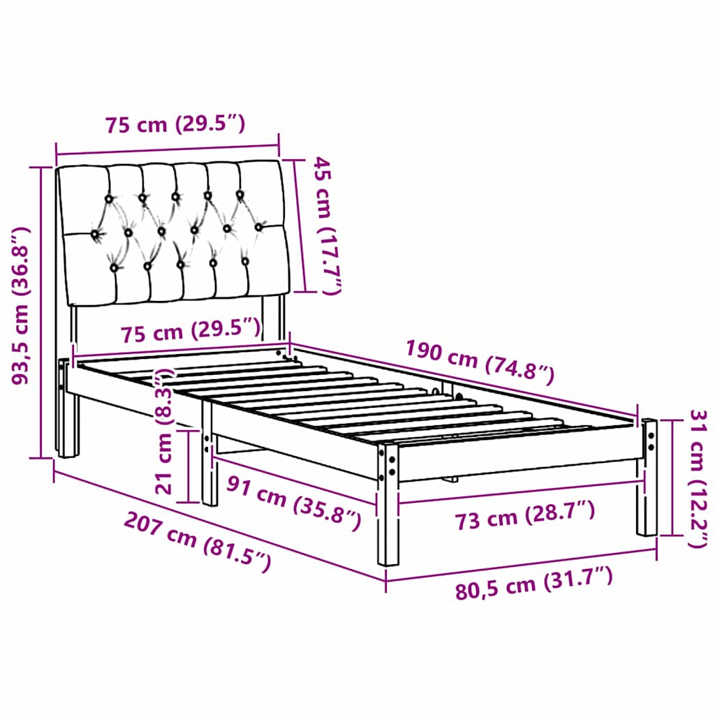 Sengestel med Polstret Hovedgavl Brun 75 x 190 cm