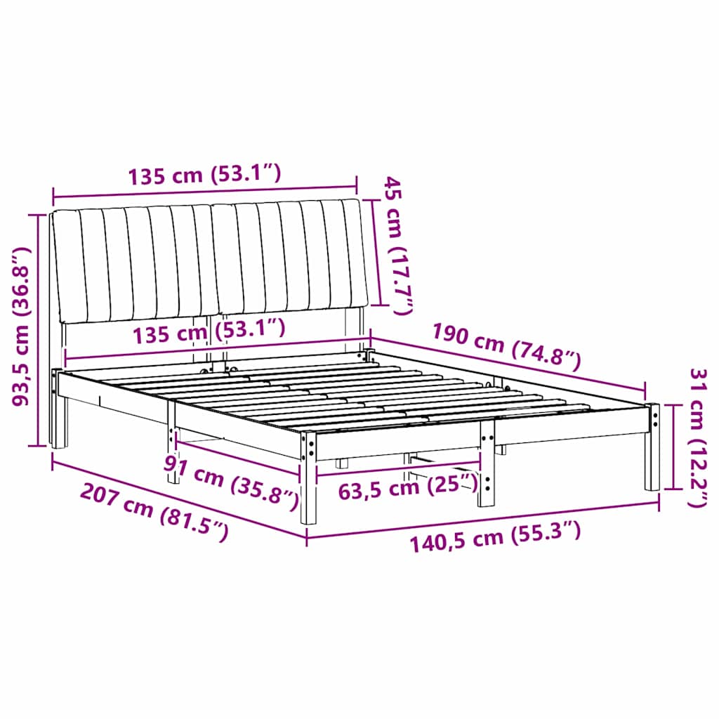 Sengestel med hovedgærde Brun 135 x 190 cm Massiv fyrretræ