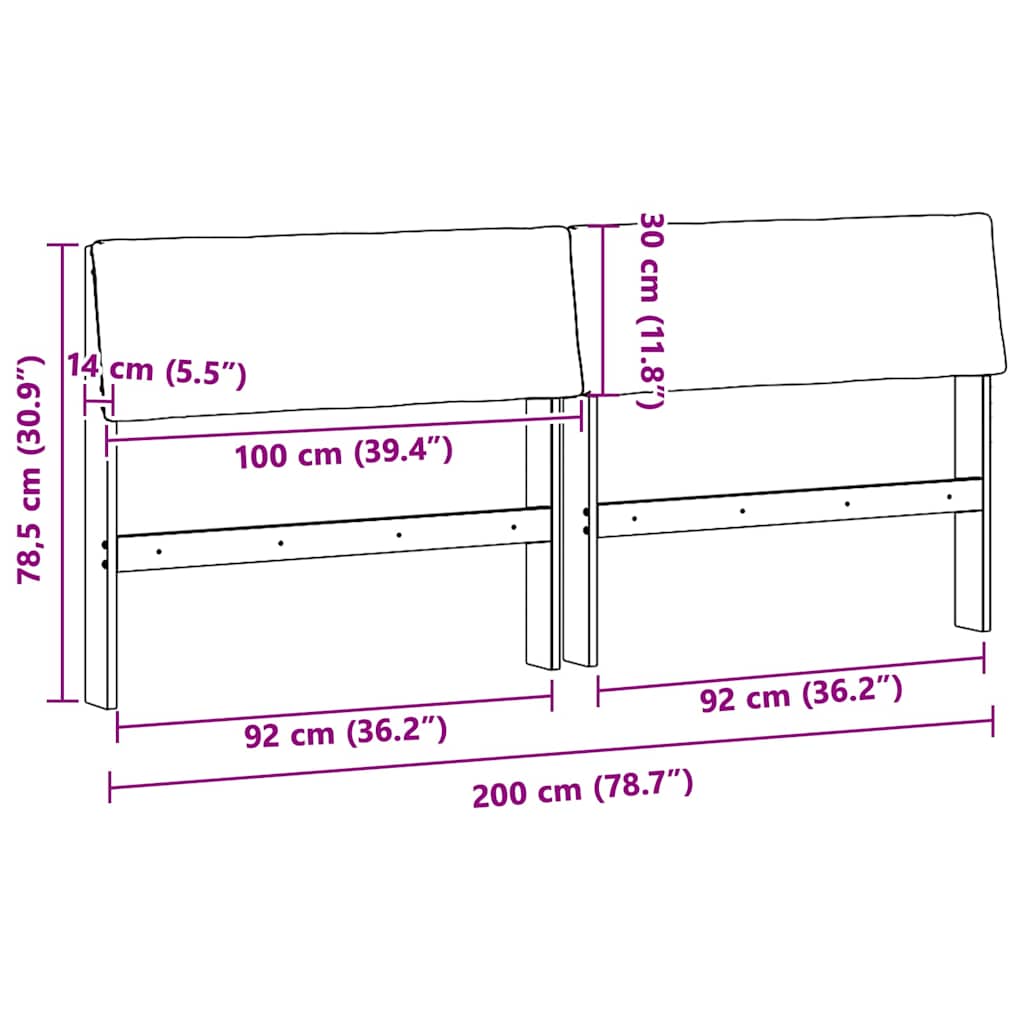 Polstret sengegavl Sort 200 cm Massiv fyrretræ