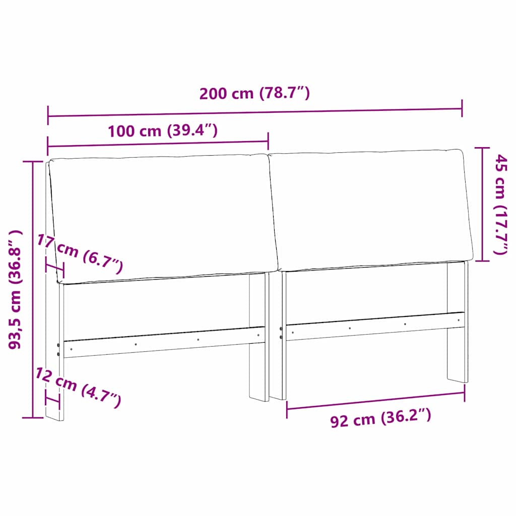 Polstret sengegavl Sort 200 cm Massiv fyrretræ