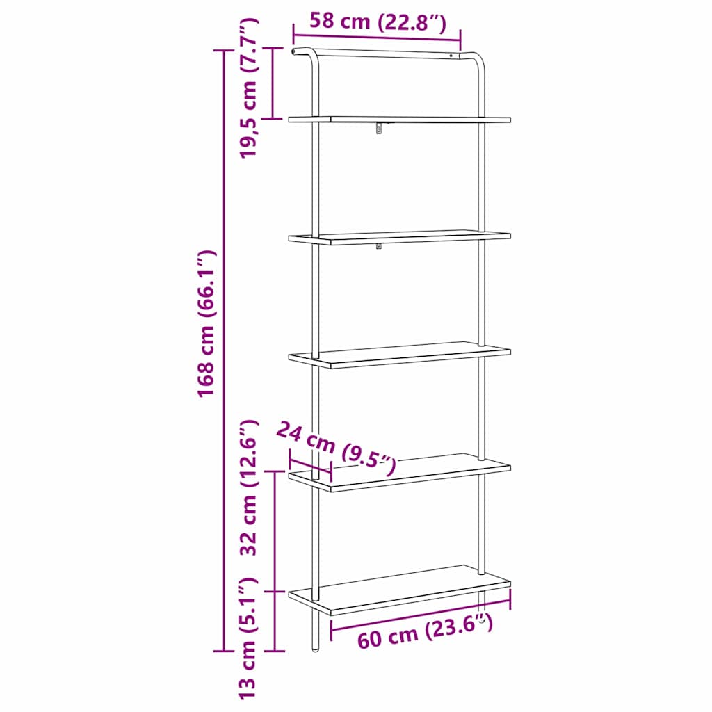 Bogreol 5 niveauer 60 x 24 x 168 cm Konstrueret træ Sort eg