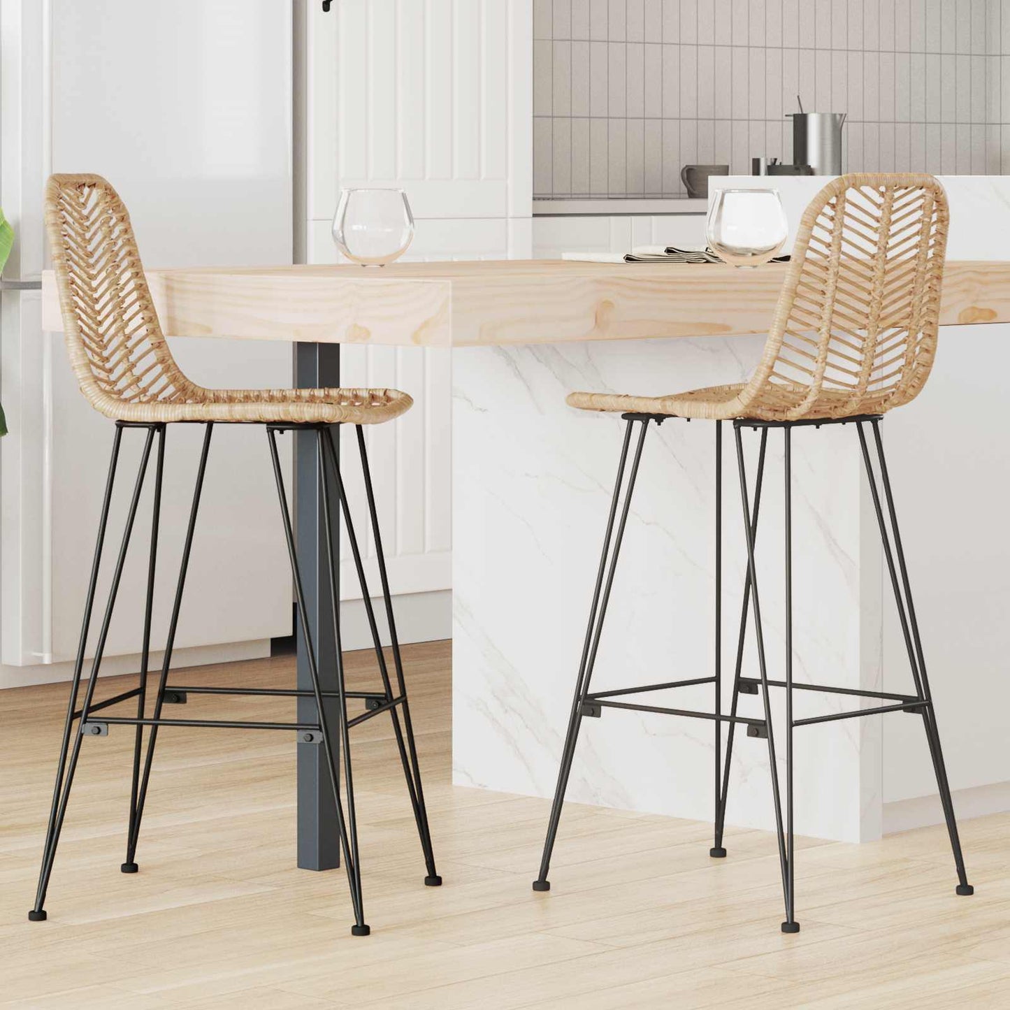 Barstol 2 stk. Naturfarvet 44 x 53 x 111 cm Rattan og Jern