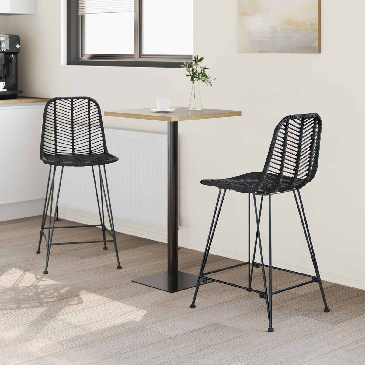 Barstol 2 stk. Sort 44,5 x 54,5 x 97,5 cm Rattan og Jern