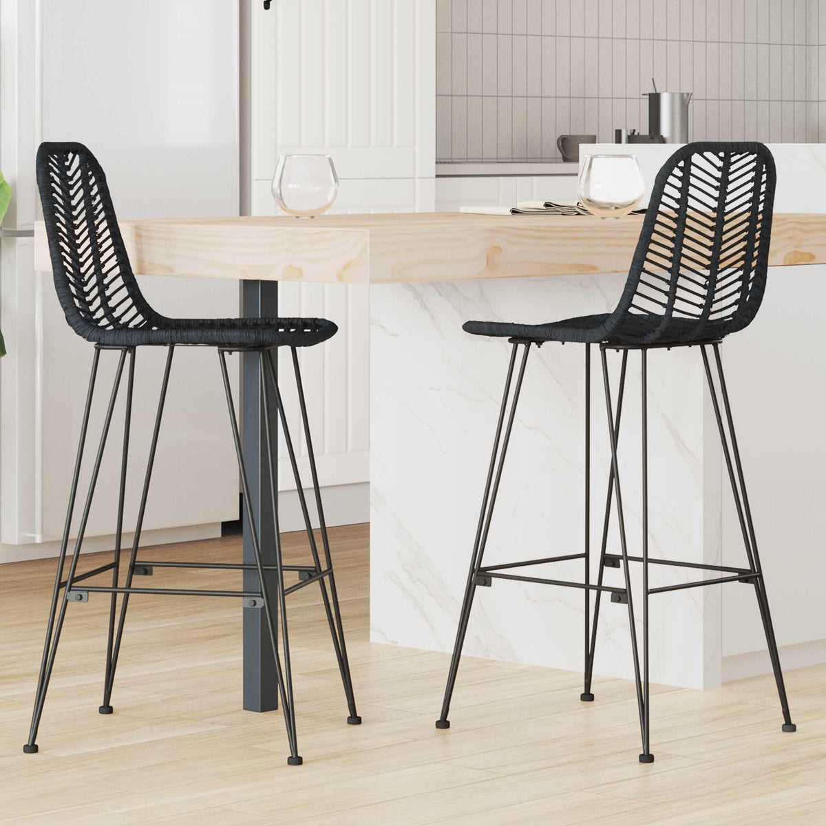 Barstol 2 stk. Sort 44 x 53 x 111 cm Rattan og Jern