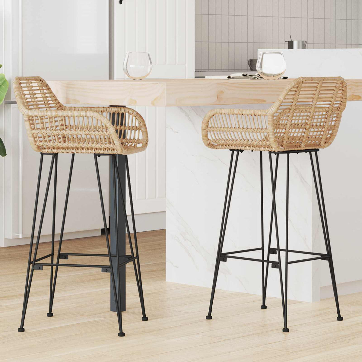 Barstol 2 stk. Naturfarvet 55 x 52 x 105 cm Rattan og Jern