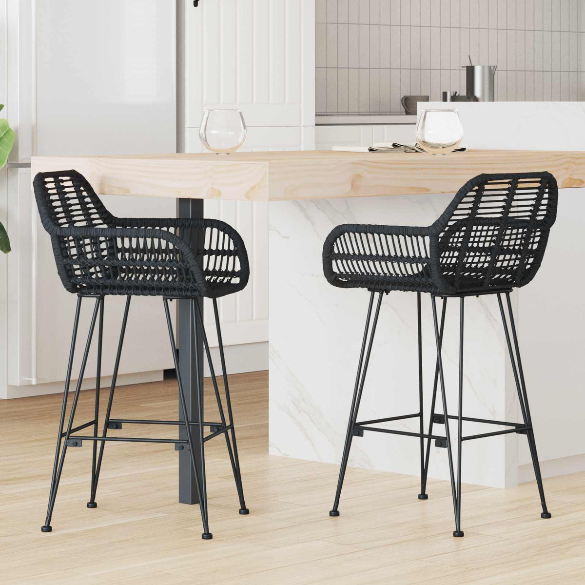 Barstol 2 stk. Sort 55 x 52 x 92 cm Rattan og Jern