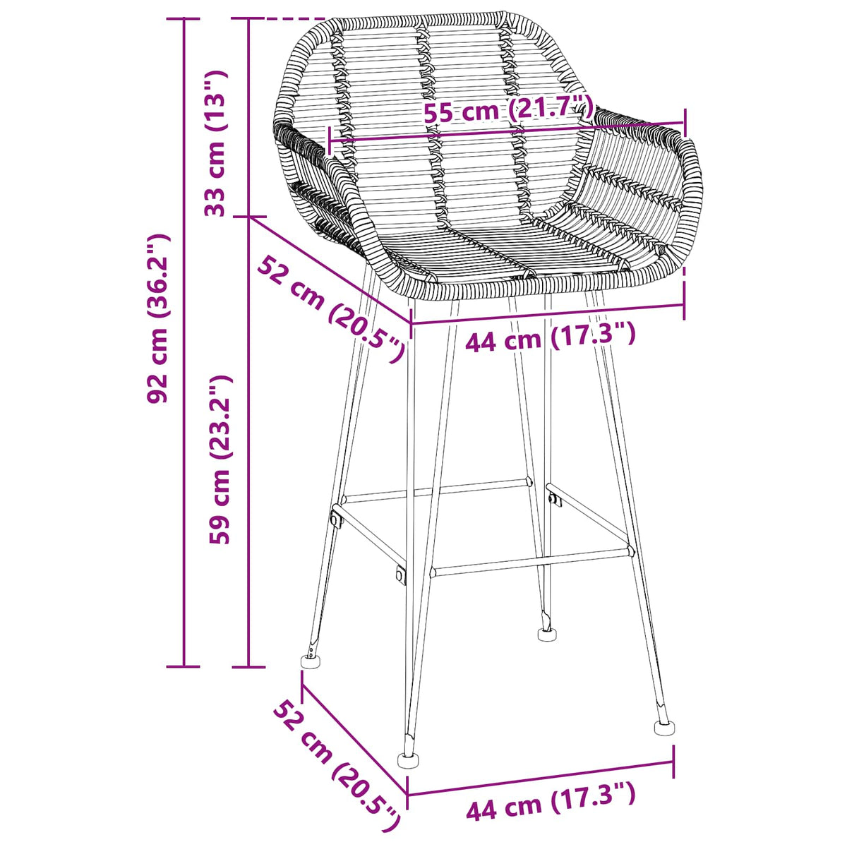 Barstol 2 stk. Sort 55 x 52 x 92 cm Rattan og Jern