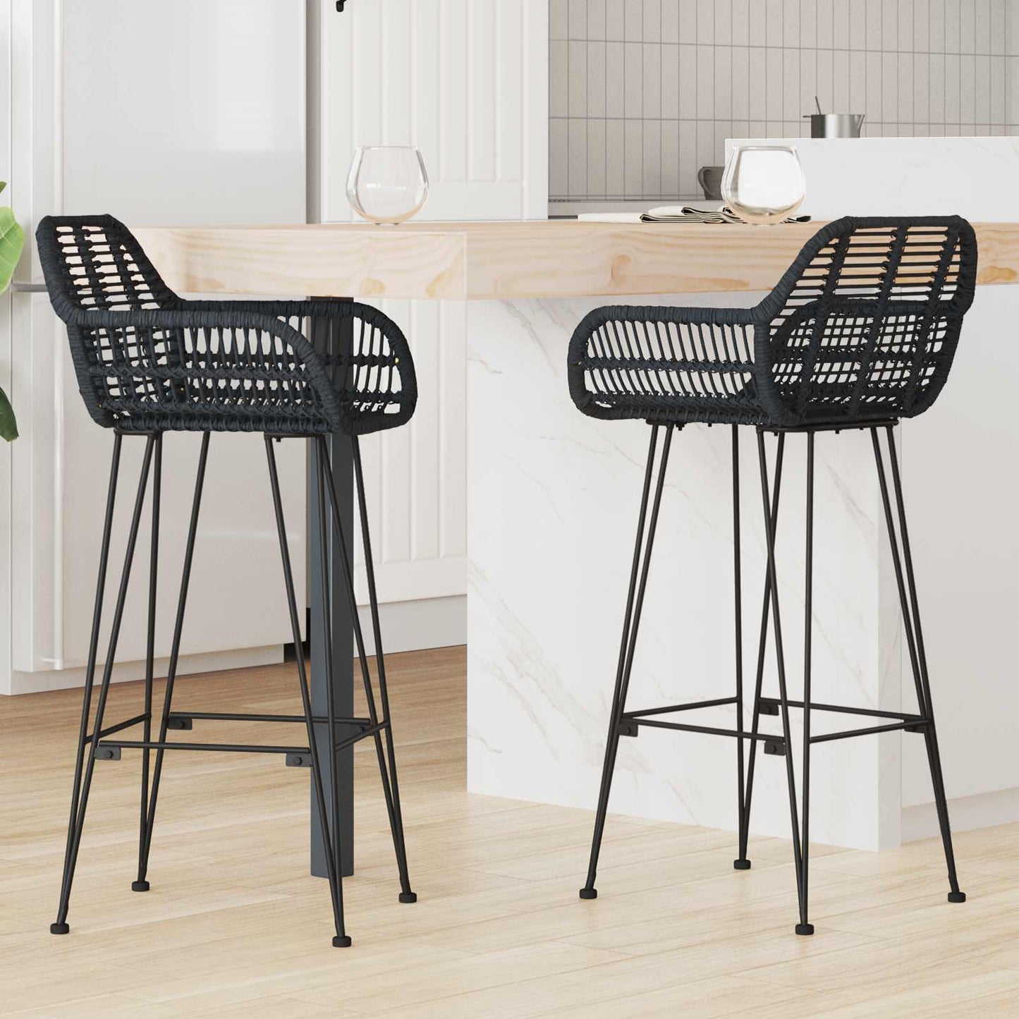 Barstol 2 stk. Sort 55 x 52 x 105 cm Rattan og Jern