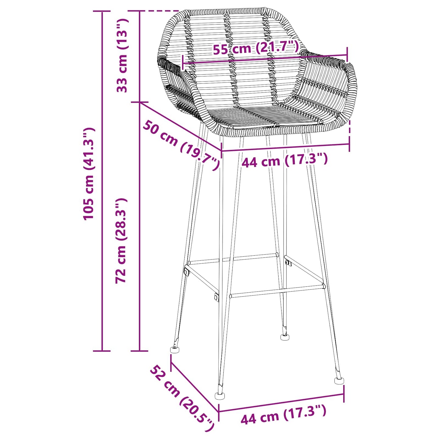Barstol 2 stk. Sort 55 x 52 x 105 cm Rattan og Jern