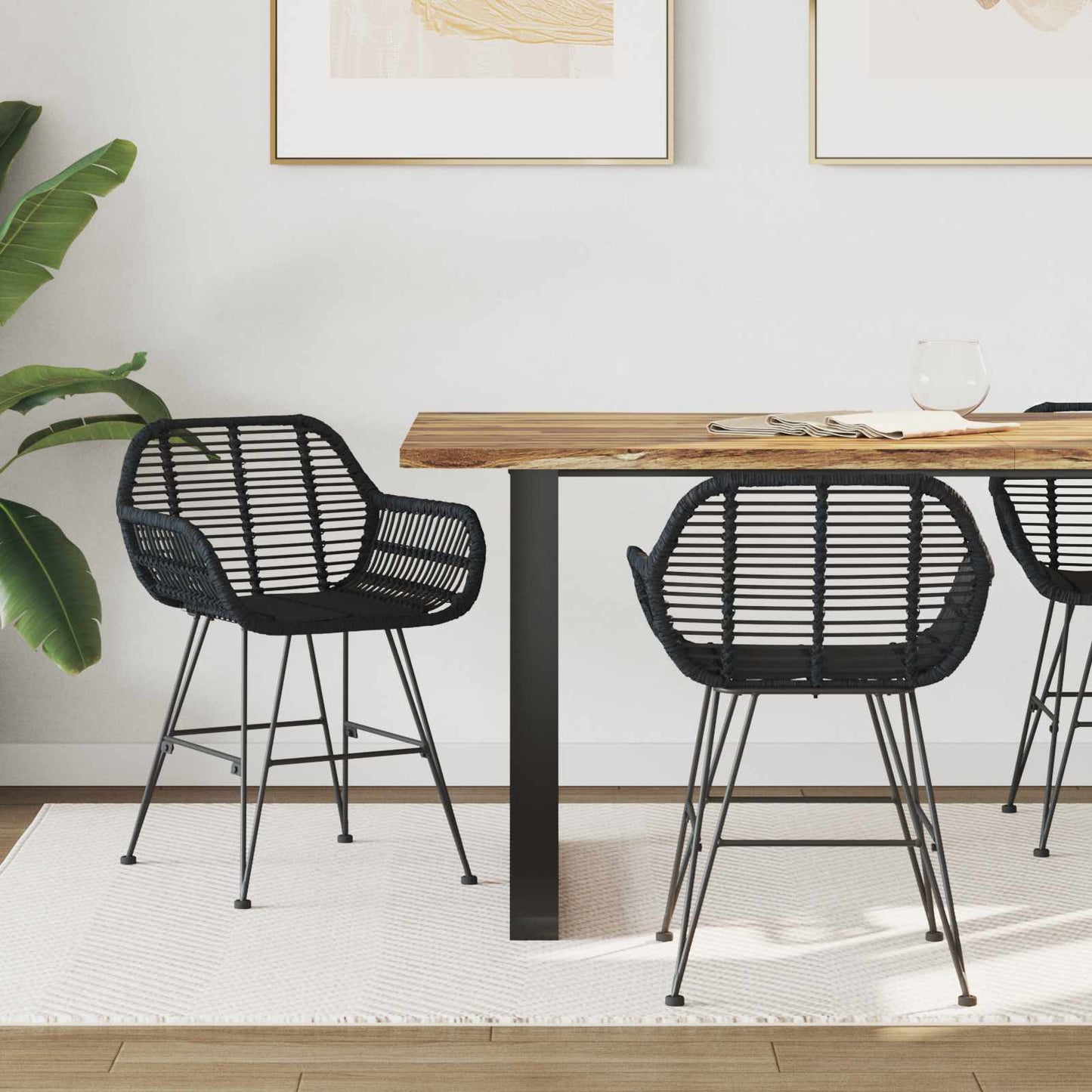 Spisestuestol 2 stk. Rattan og Jern Sort 55 x 50 x 74 cm
