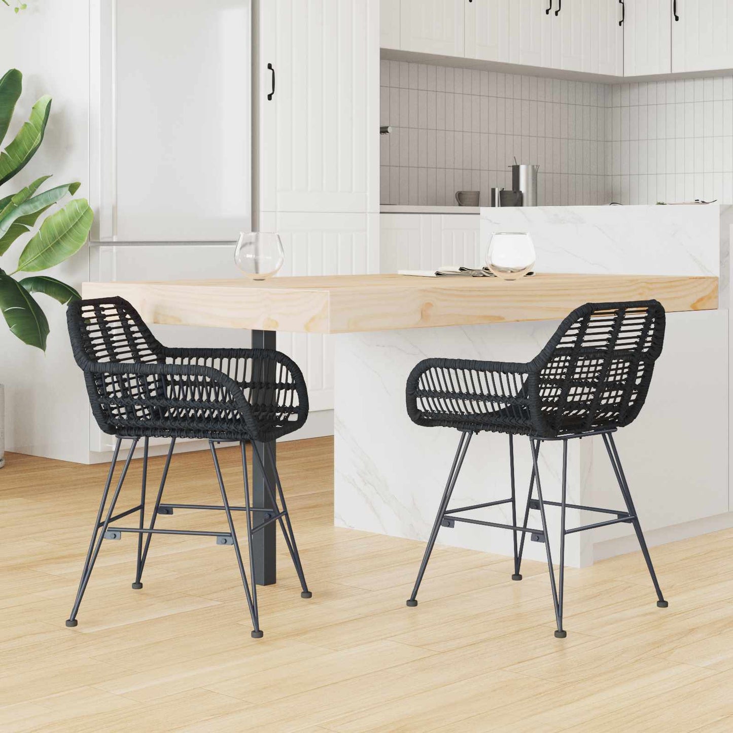 Spisestuestol 2 stk. Rattan og Jern Sort 55 x 50 x 74 cm