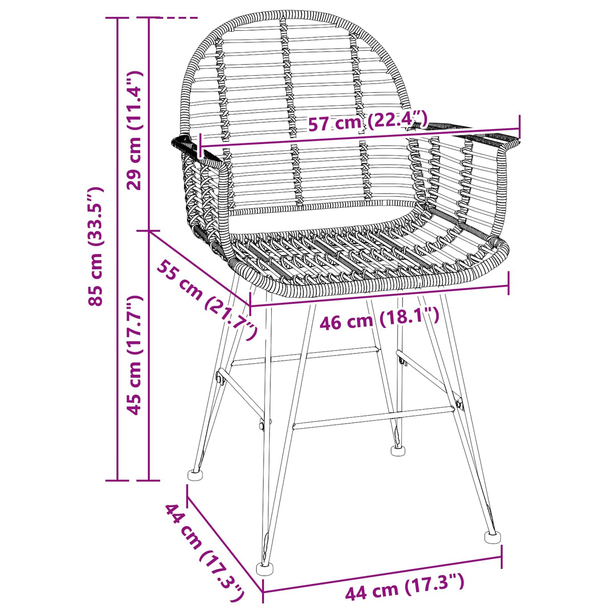 Spisestuestol 2 stk. Rattan og Jern Naturfarvet 57 x 55 x 85 cm