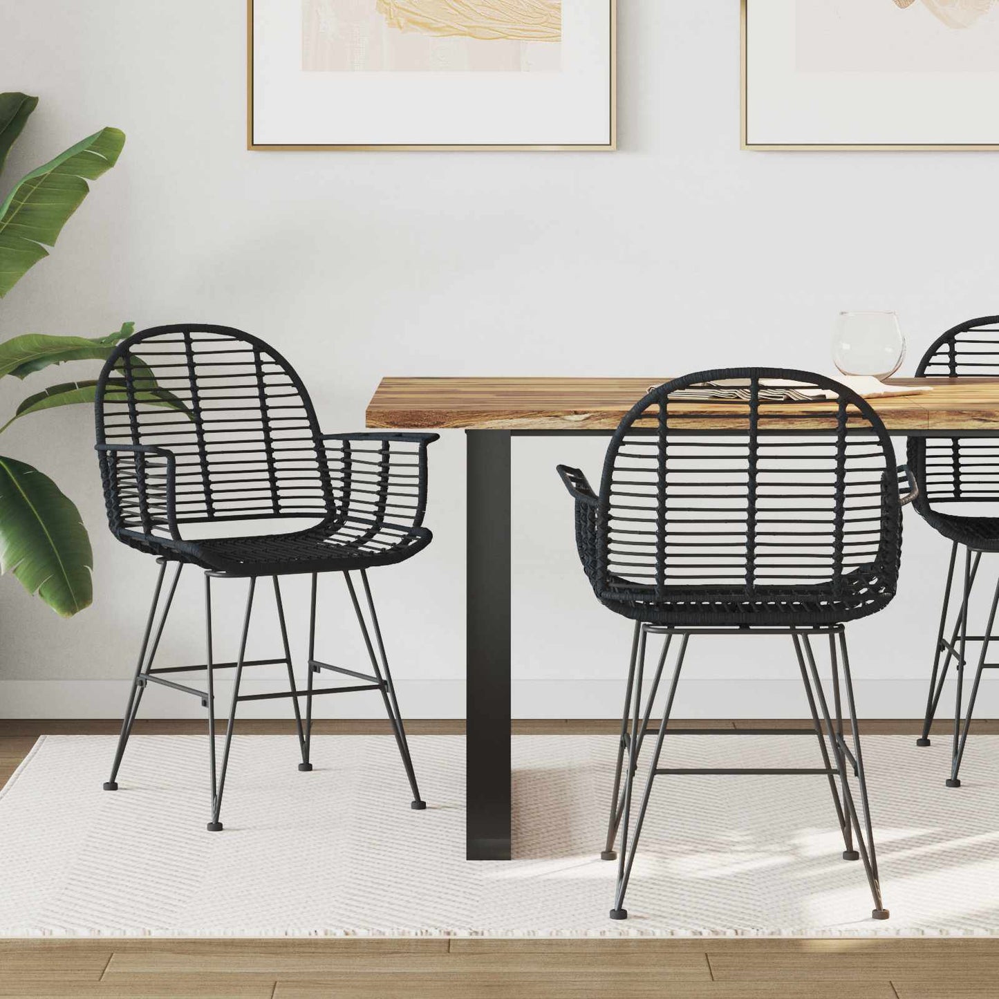 Spisestuestol 2 stk. Rattan og Jern Sort 57 x 55 x 85 cm