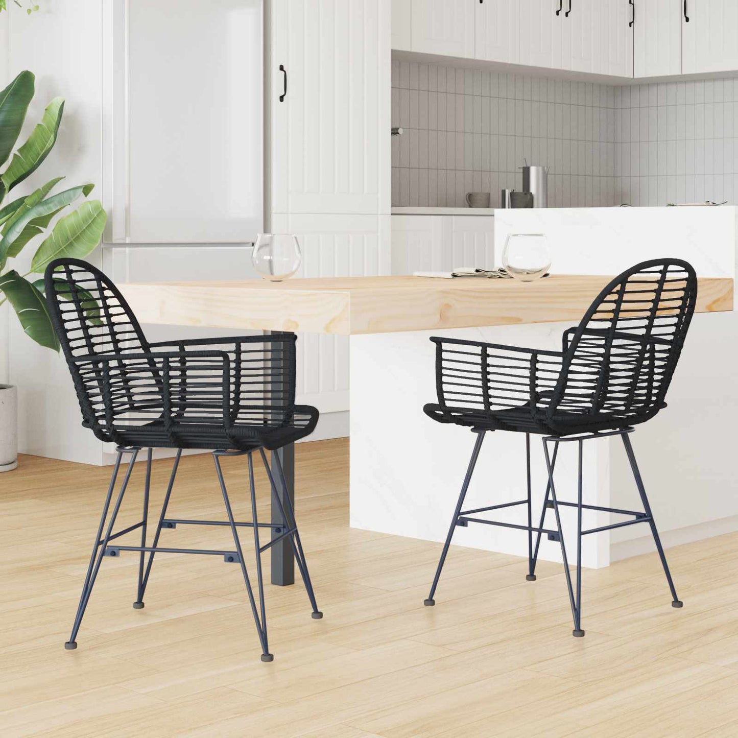 Spisestuestol 2 stk. Rattan og Jern Sort 57 x 55 x 85 cm