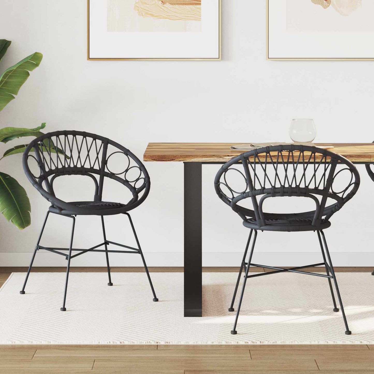 Spisestuestol 2 stk. Rattan og Jern Sort 54 x 65 x 82 cm