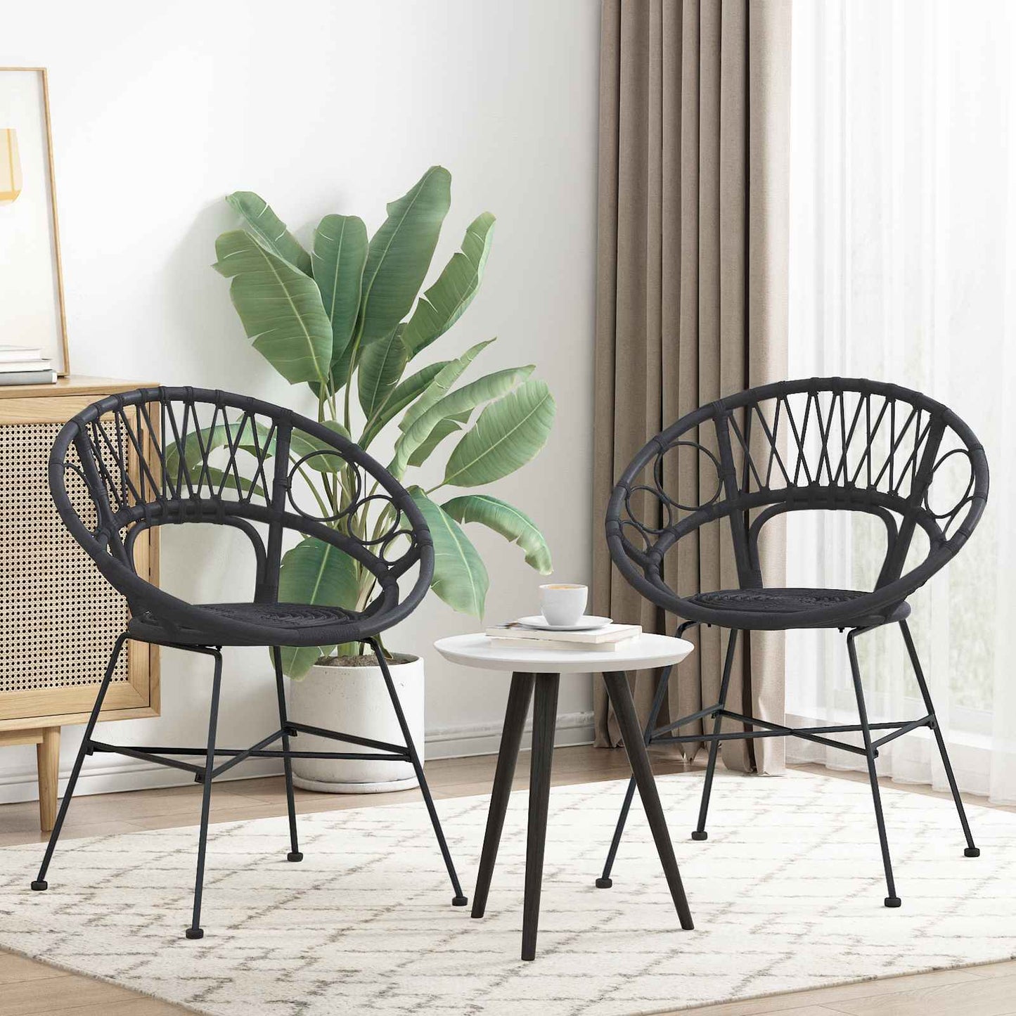 Spisestuestol 2 stk. Rattan og Jern Sort 54 x 65 x 82 cm