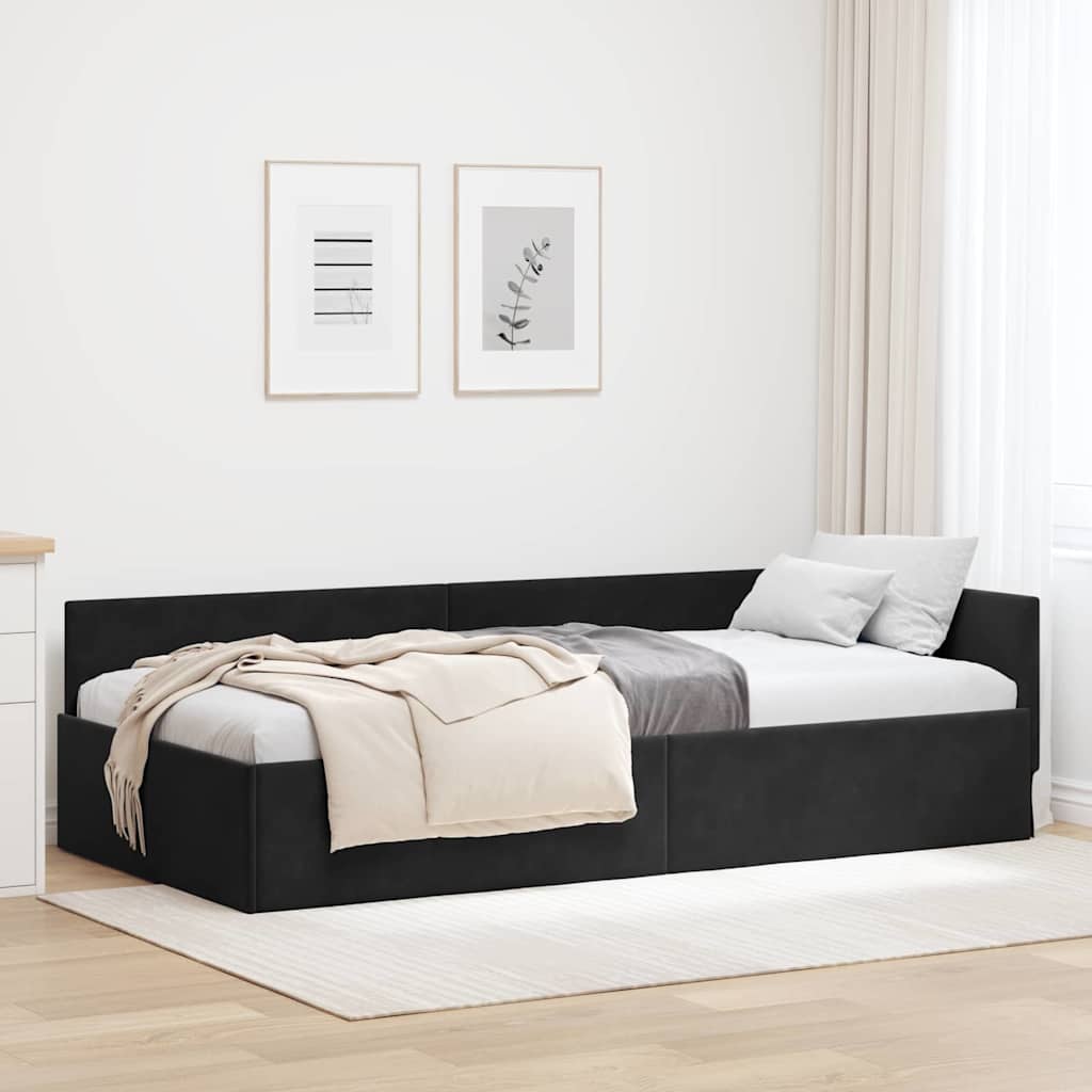 Hjørnesengramme med hovedgærde Sort 90 cm x 190 cm Fløjl