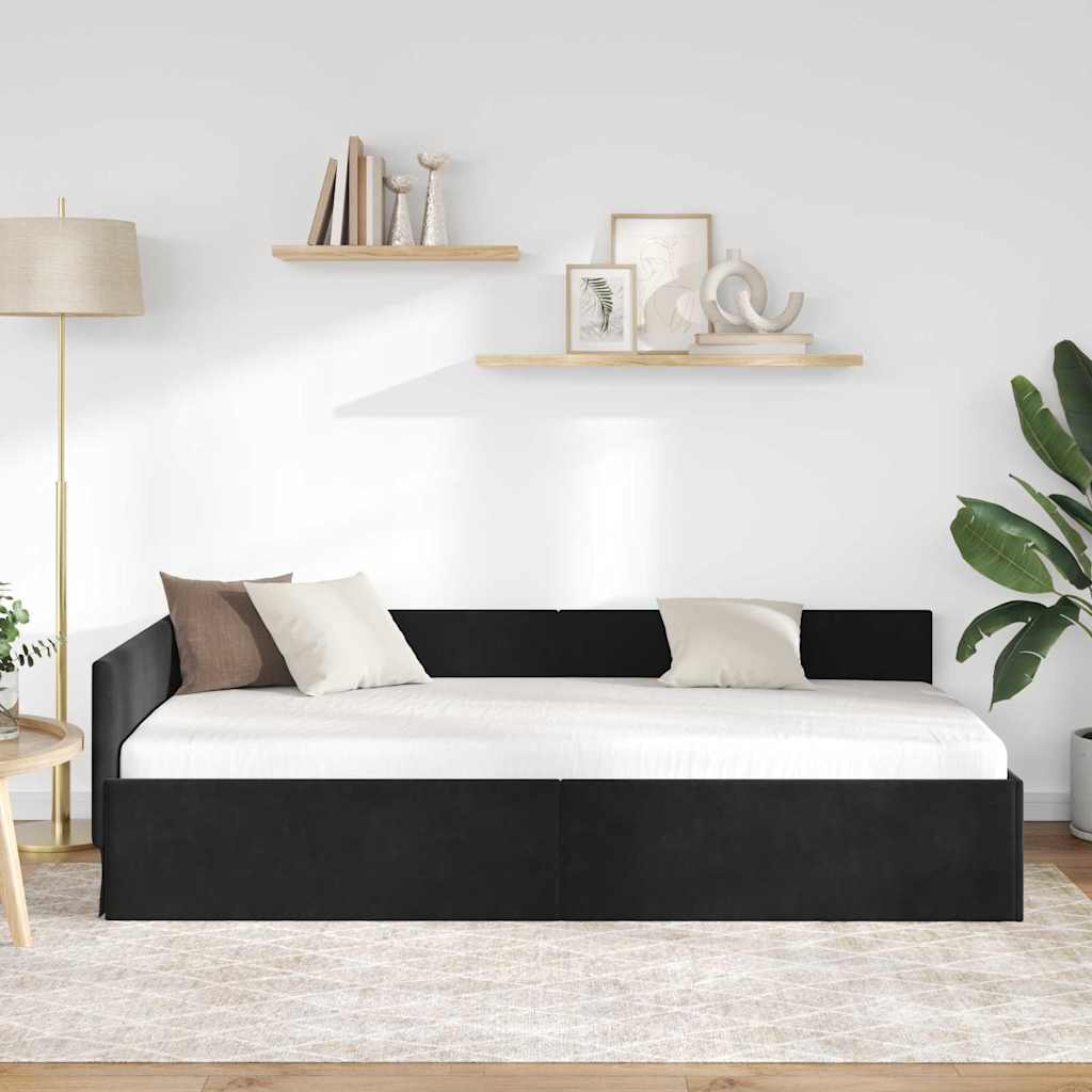 Hjørnesengramme med hovedgærde Sort 90 cm x 200 cm Fløjl