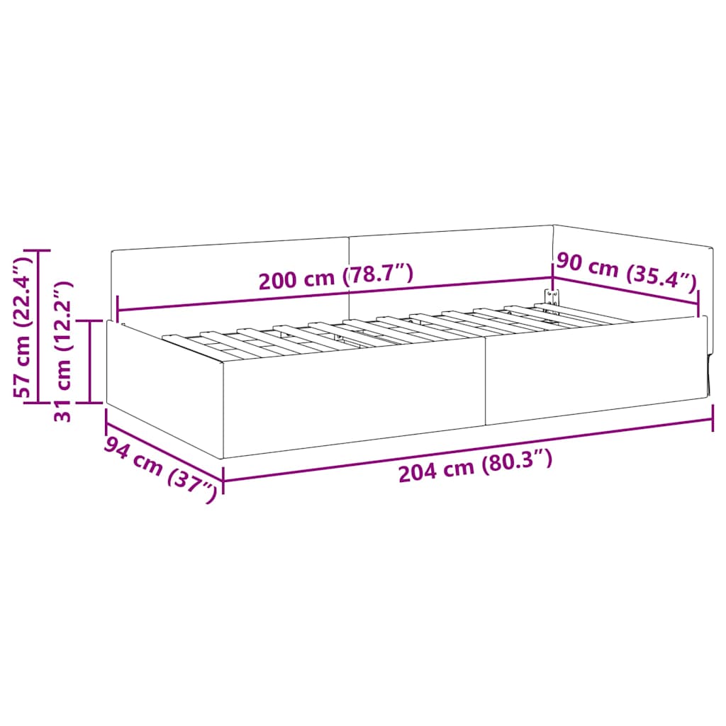 Hjørnesengramme med hovedgærde Sort 90 cm x 200 cm Fløjl