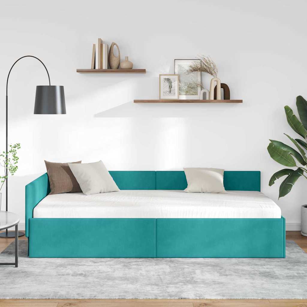 Hjørnesengramme med hovedgærde Turkis 100 cm x 200 cm Fløjl