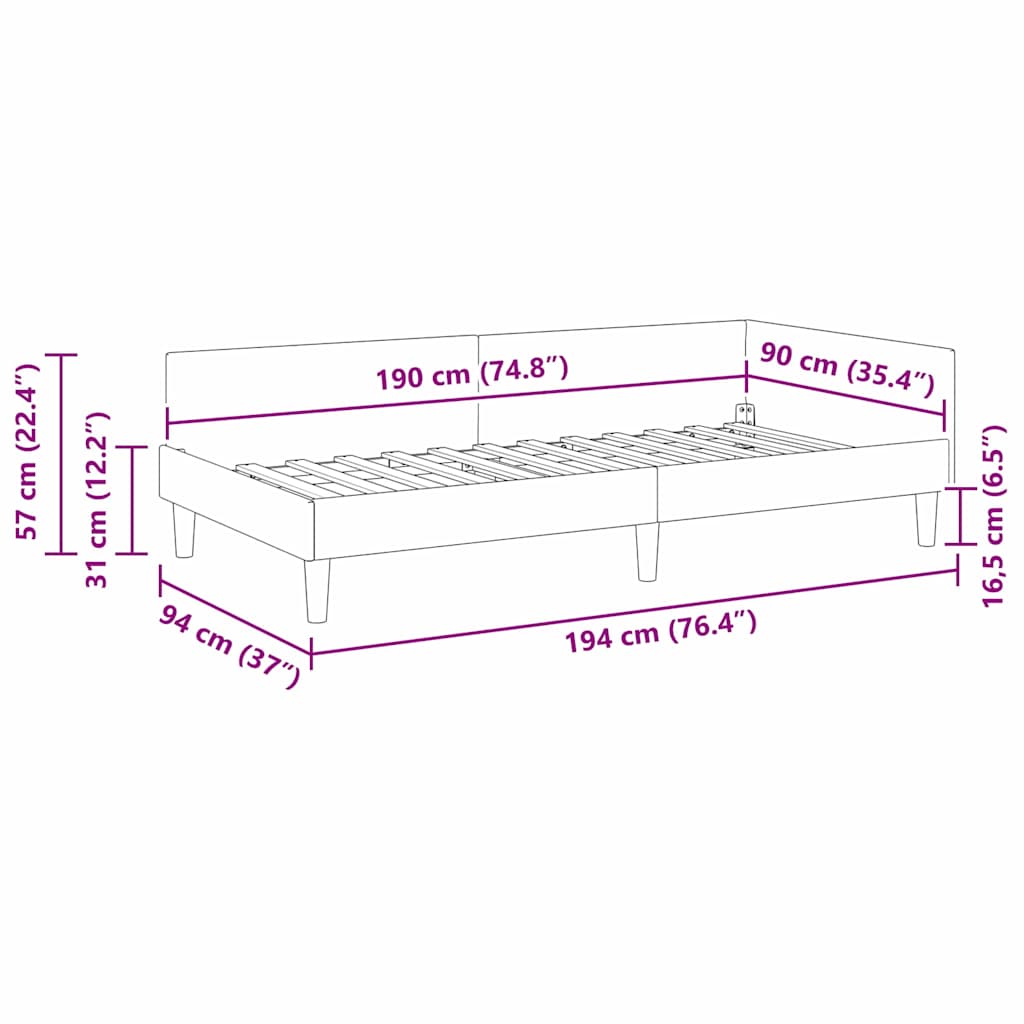 Hjørnesengramme med hovedgærde Gul 90 cm x 190 cm Fløjl