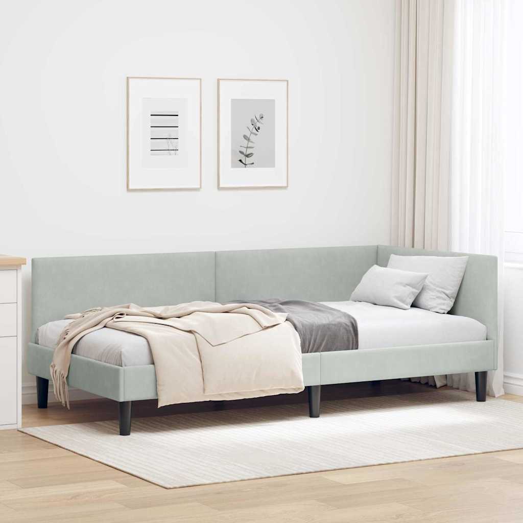 Hjørnesengramme med hovedgærde Lysegrå 90 cm x 190 cm Fløjl
