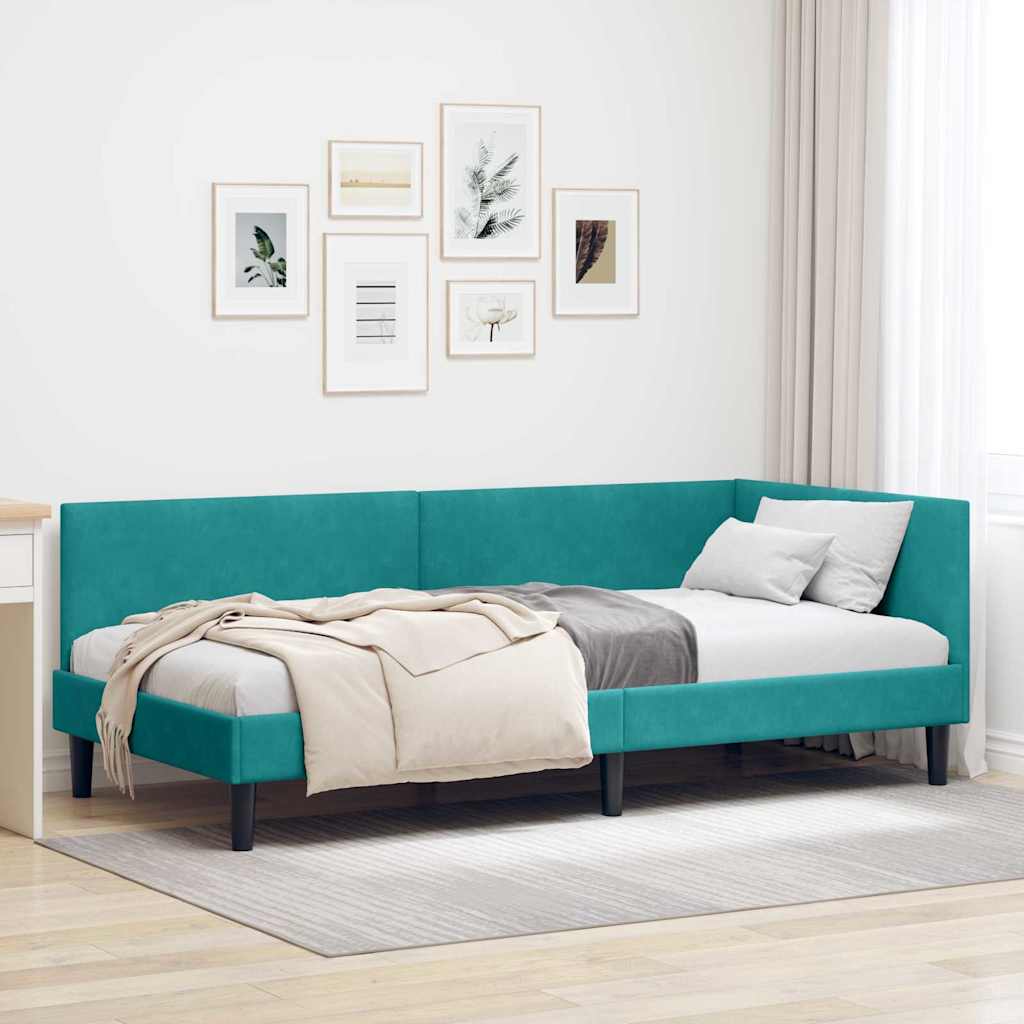 Hjørnesengramme med hovedgærde Turkis 90 cm x 190 cm Fløjl