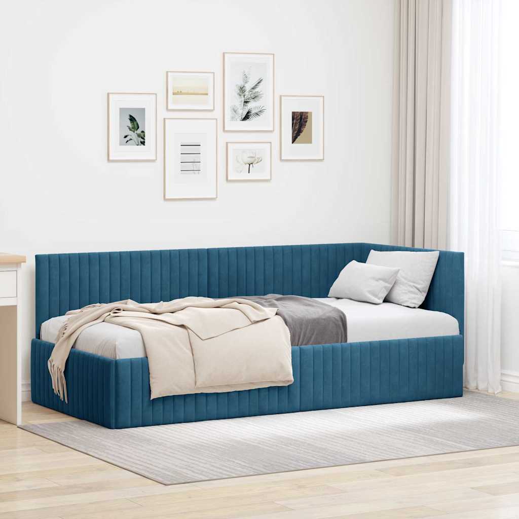 Hjørnesengramme med hovedgærde Blå 90 cm x 190 cm Fløjl
