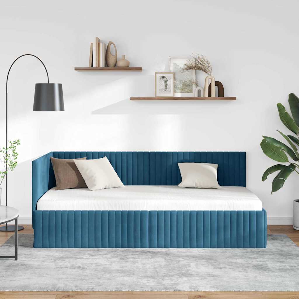 Hjørnesengramme med hovedgærde Blå 90 cm x 190 cm Fløjl