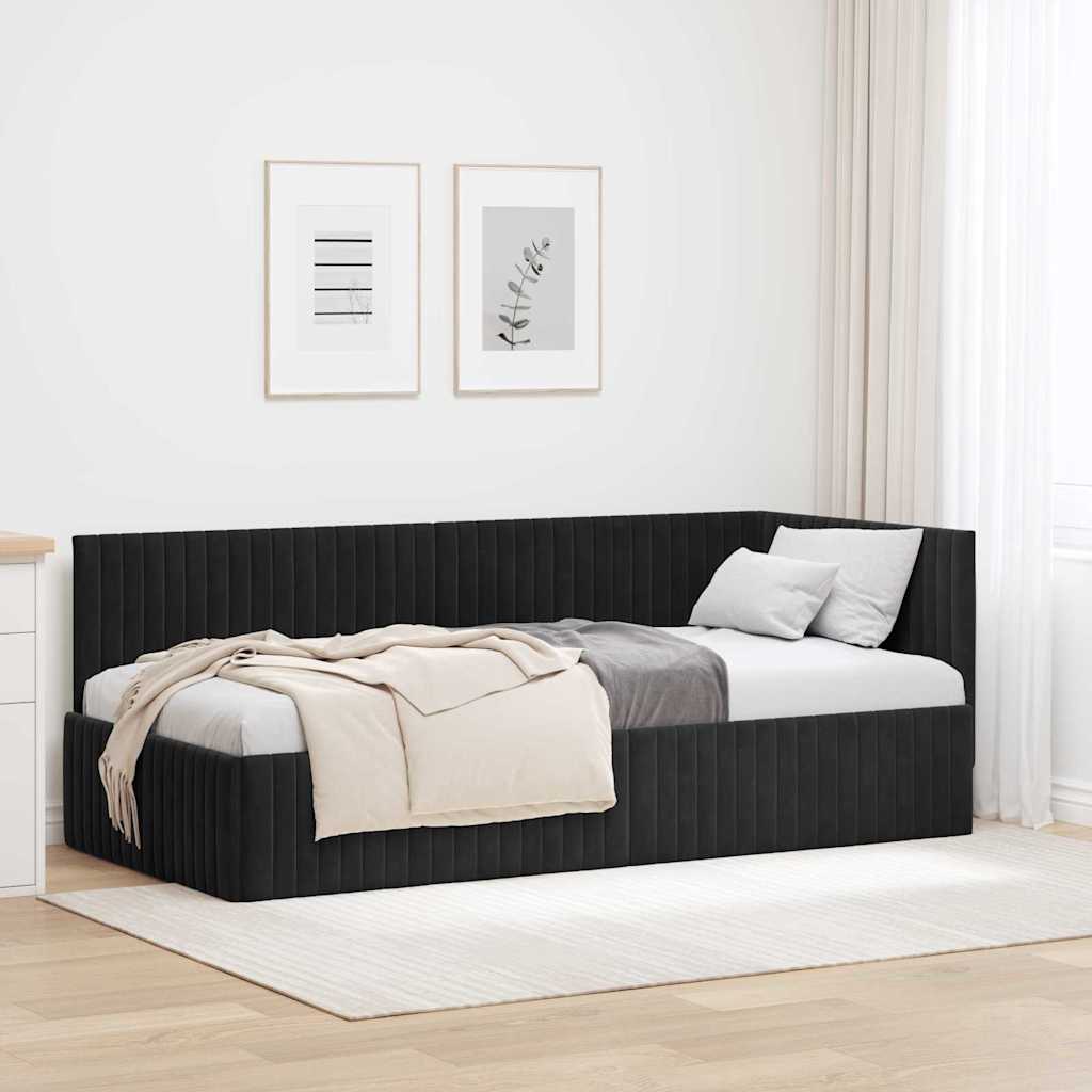 Hjørnesengramme med hovedgærde Sort 90 cm x 200 cm Fløjl