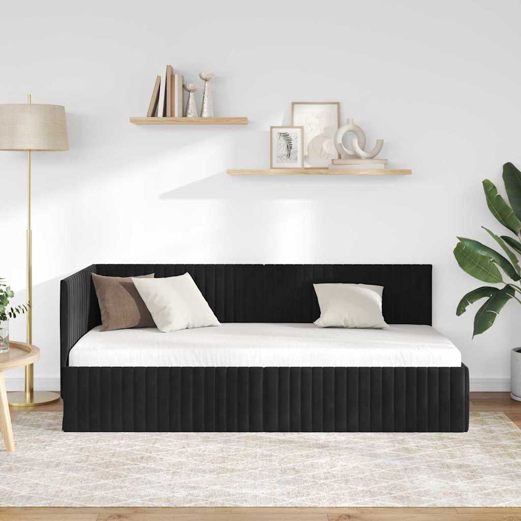 Hjørnesengramme med hovedgærde Sort 90 cm x 200 cm Fløjl