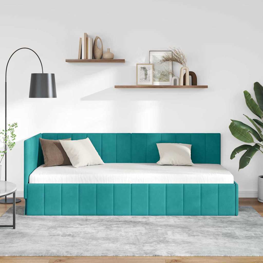 Hjørnesengramme med hovedgærde Turkis 80 cm x 200 cm Fløjl
