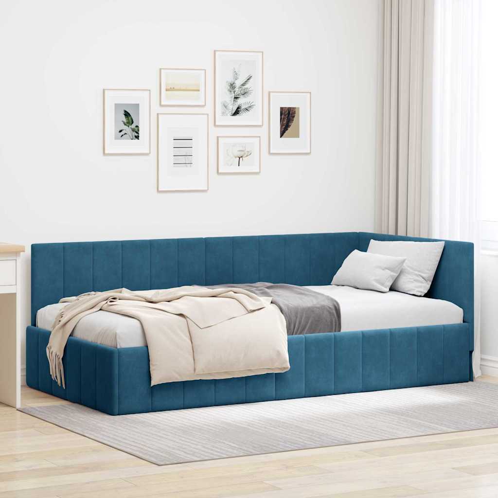 Hjørnesengramme med hovedgærde Blå 90 cm x 190 cm Fløjl