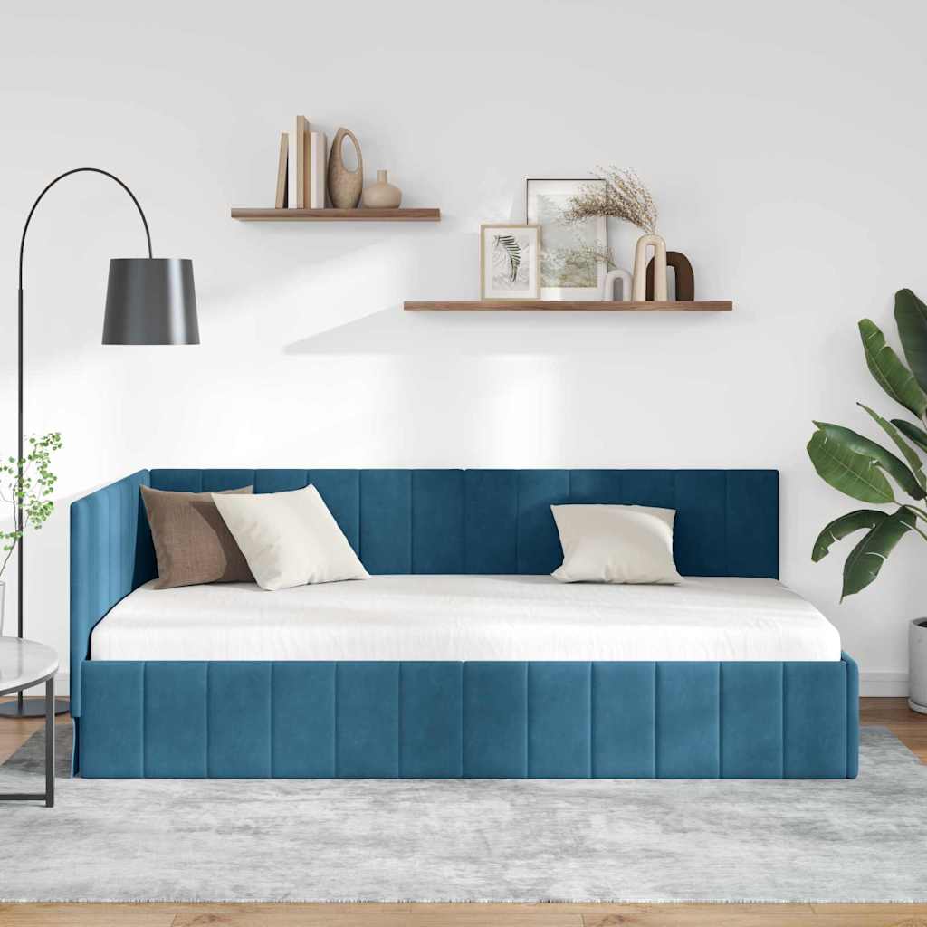 Hjørnesengramme med hovedgærde Blå 90 cm x 190 cm Fløjl