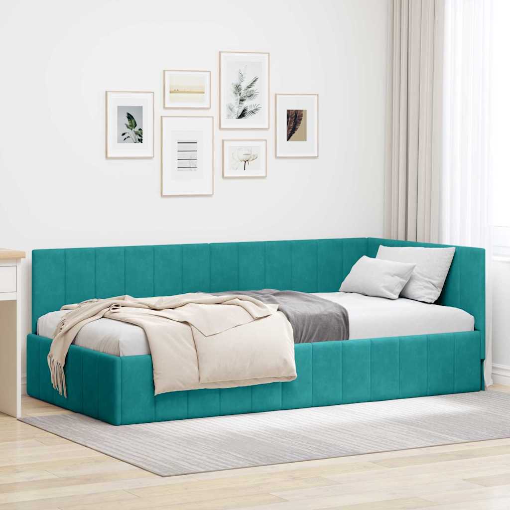 Hjørnesengramme med hovedgærde Turkis 90 cm x 190 cm Fløjl