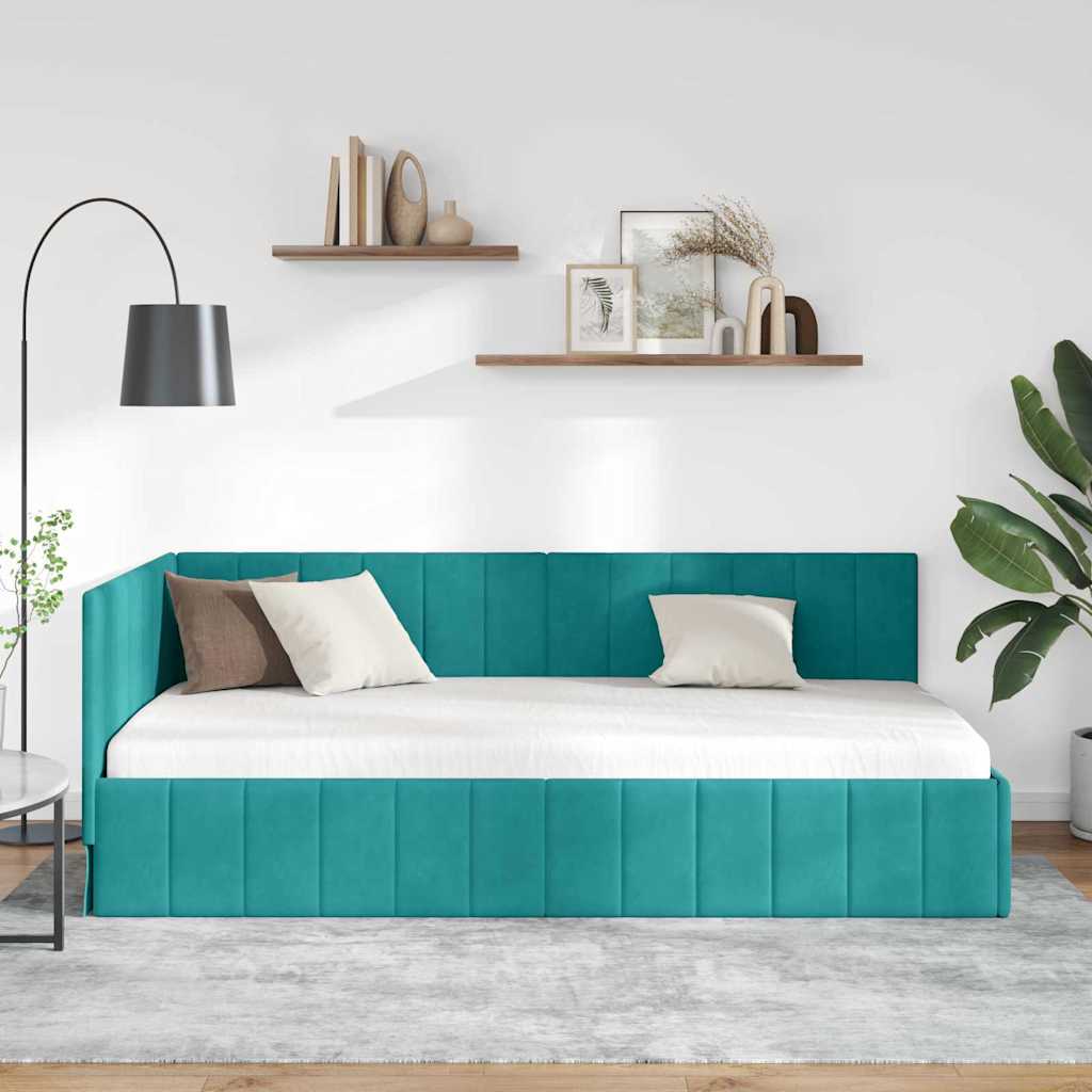 Hjørnesengramme med hovedgærde Turkis 90 cm x 190 cm Fløjl