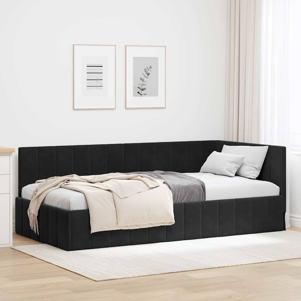 Hjørnesengramme med hovedgærde Sort 100 cm x 200 cm Fløjl