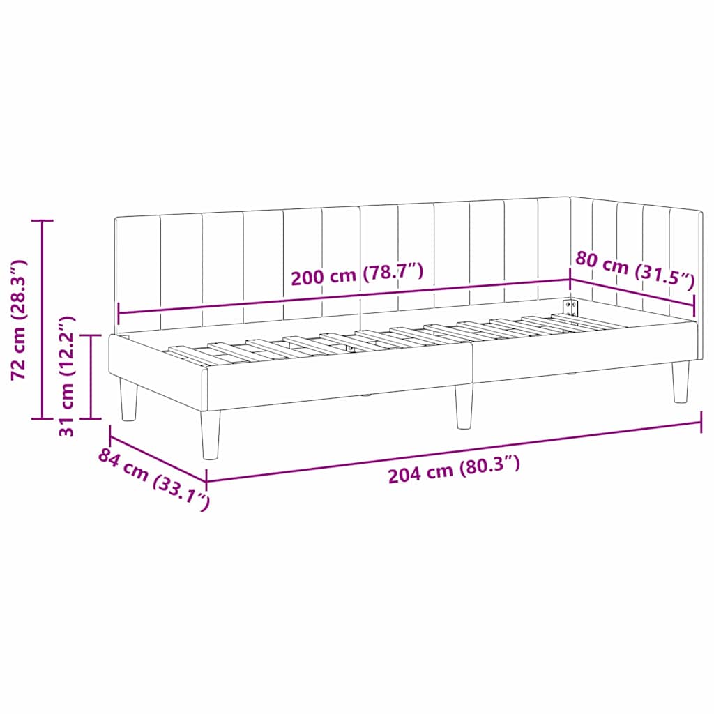 Hjørnesengramme med hovedgærde Vinrød 80 cm x 200 cm Fløjl