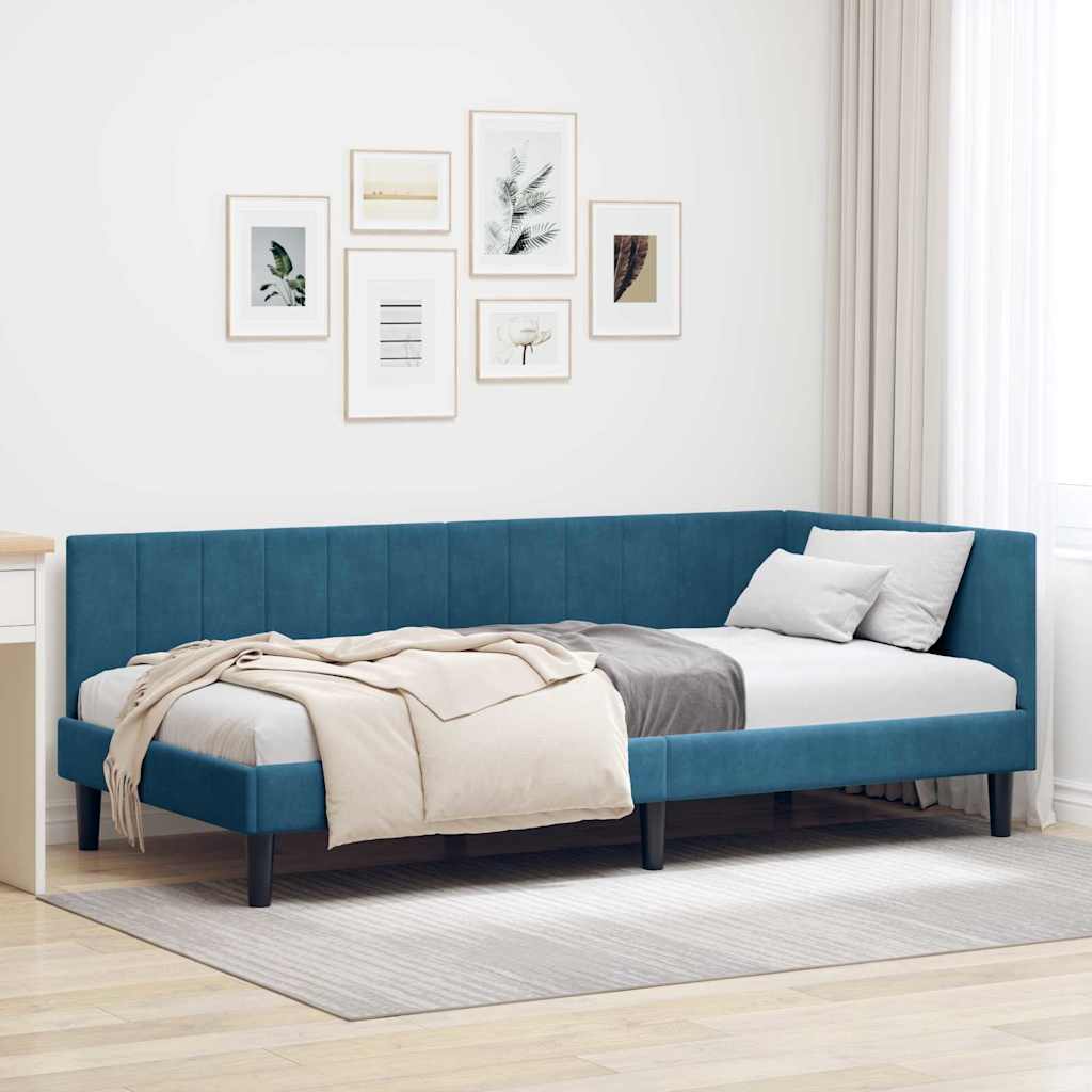 Hjørnesengramme med hovedgærde Blå 90 cm x 190 cm Fløjl