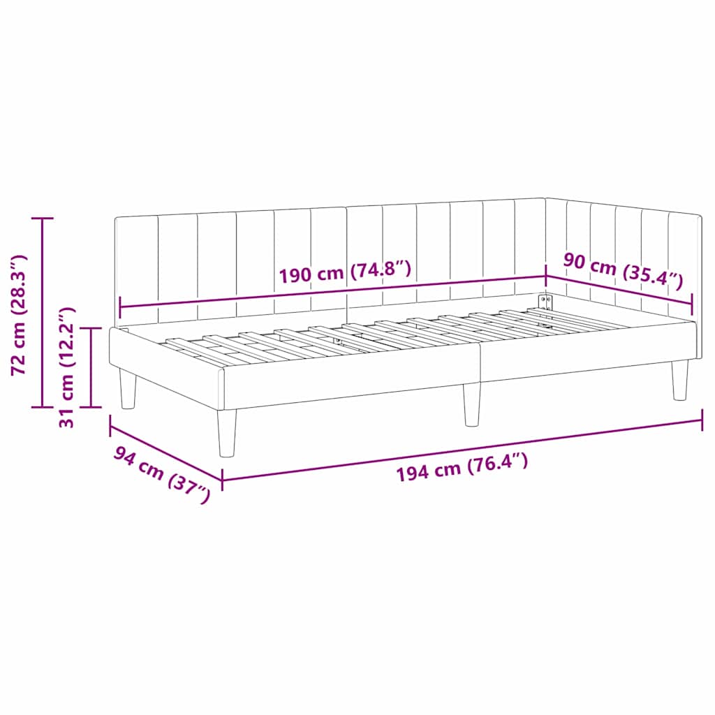 Hjørnesengramme med hovedgærde Vinrød 90 cm x 190 cm Fløjl