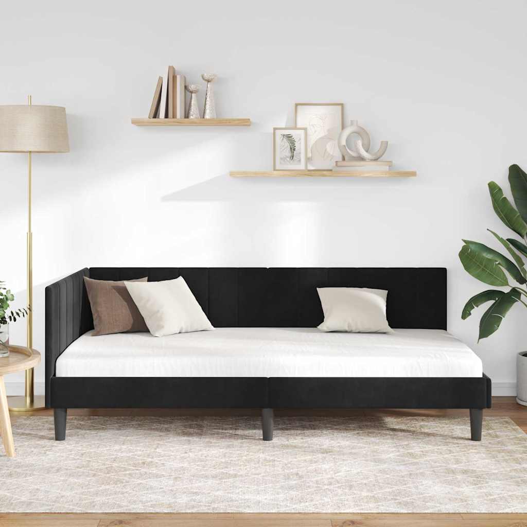 Hjørnesengramme med hovedgærde Sort 90 cm x 190 cm Fløjl