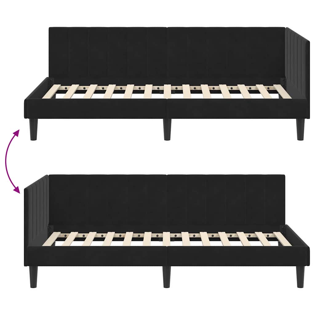 Hjørnesengramme med hovedgærde Sort 90 cm x 190 cm Fløjl