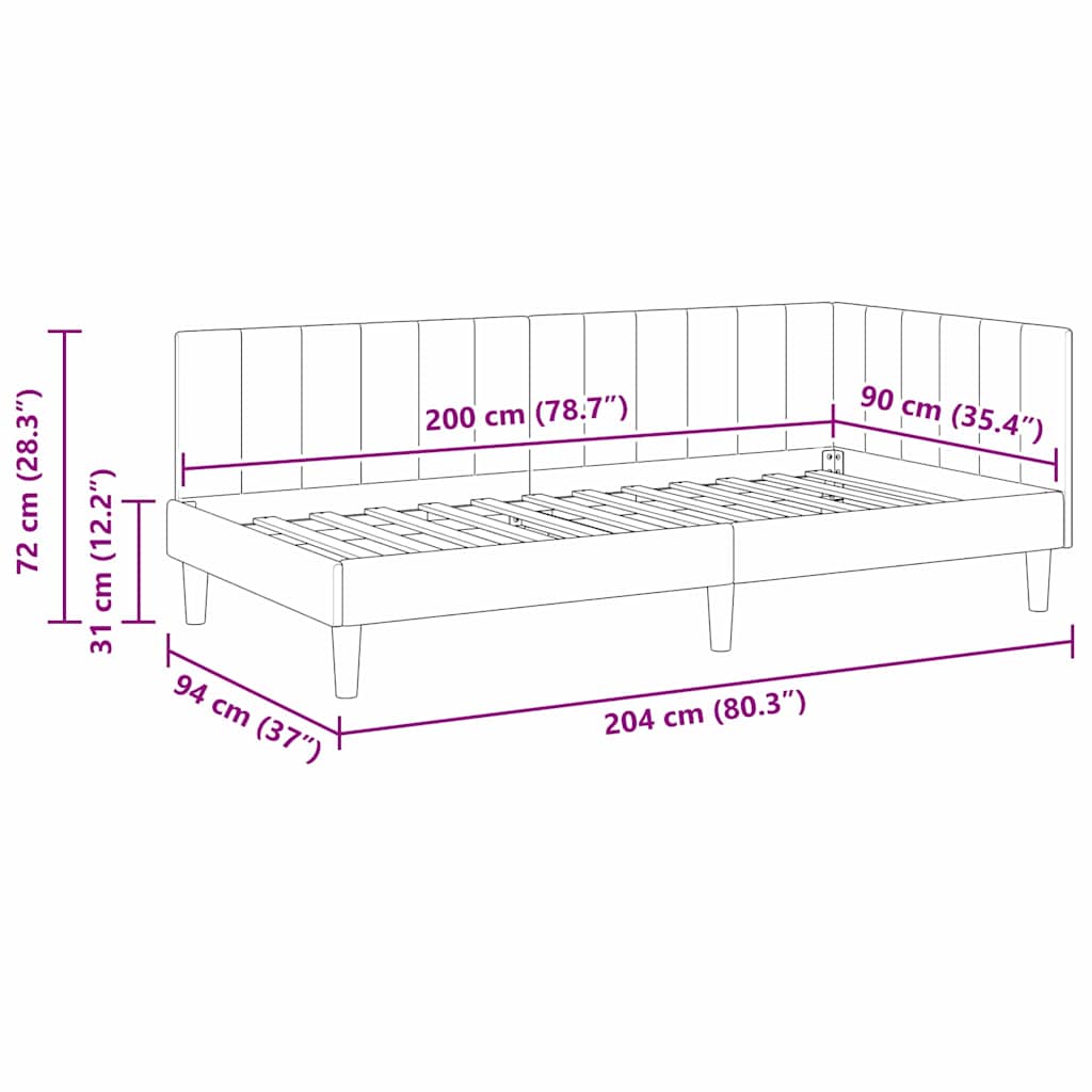 Hjørnesengramme med hovedgærde Lysegrå 90 cm x 200 cm Fløjl